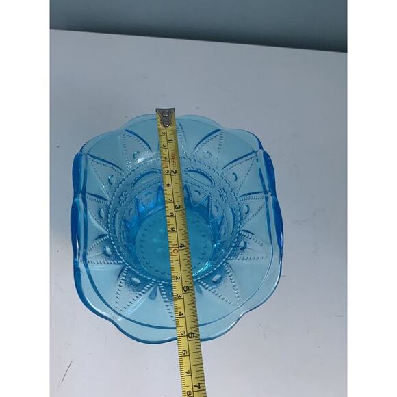 Vintage Kemple Blue Glass Basket Hat Vase Lace Dew Drop Pattern Lace N Dewdrop - Picture 9 of 13